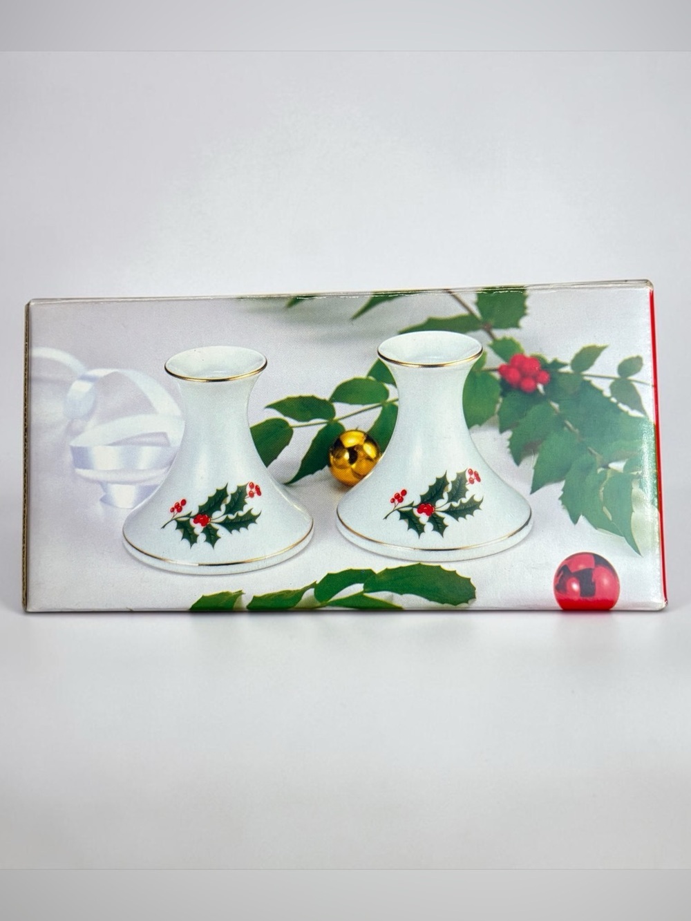 Vintage Fine China Japan Holly Candlestick Holders Set of 2